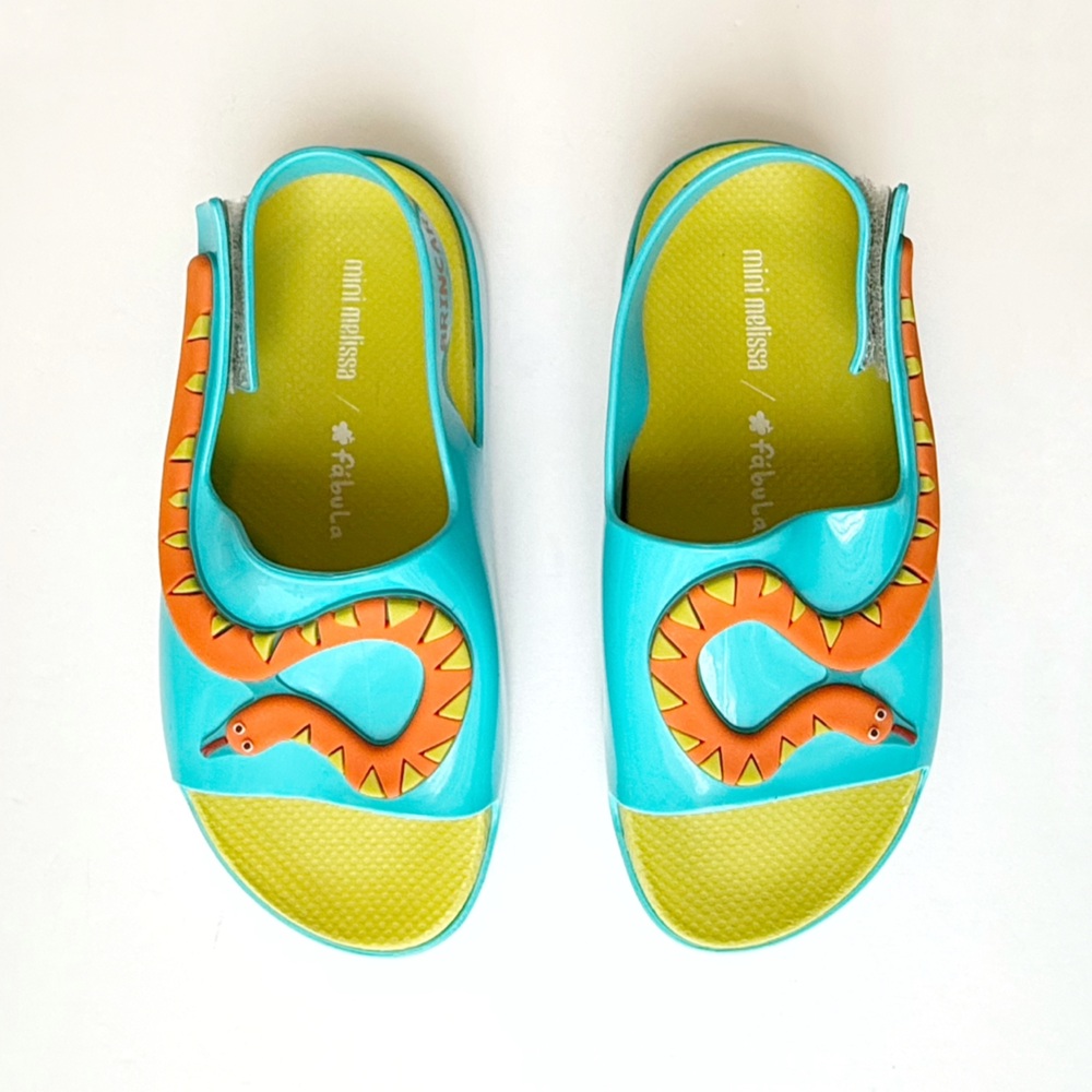 MINI MELISSA FABULA BLUE GREEN SNAKE APPLIQUÉ BB CLOUD SLIDE JELLY SANDALS